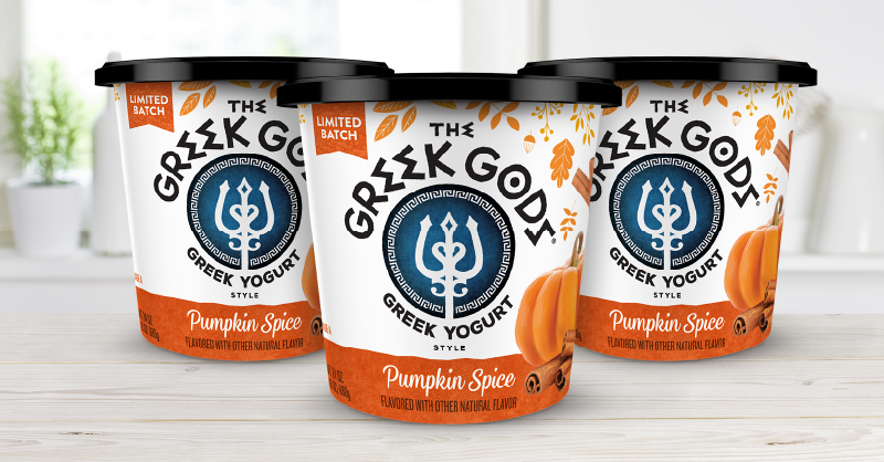 The Greek Gods Greek Yogurt Pumpkin Spice. Seasonal fall packaging design. 