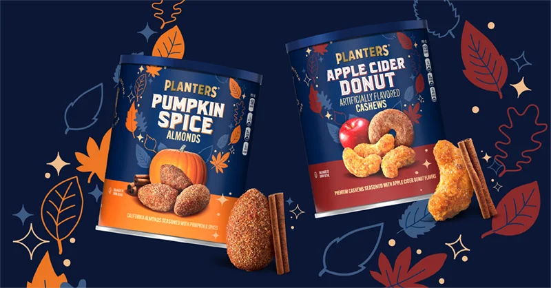 Planter's Pumpkin Spice Almonds and Planter's Apple Cider Donut. Seasonal packaging design. 